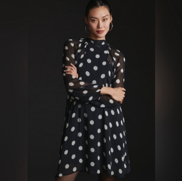 Anthropologie Dresses & Skirts - NWT Anthropologie × Maeve Polka Dot Long Sheer Sleeve Mini Dress Tie Back SM